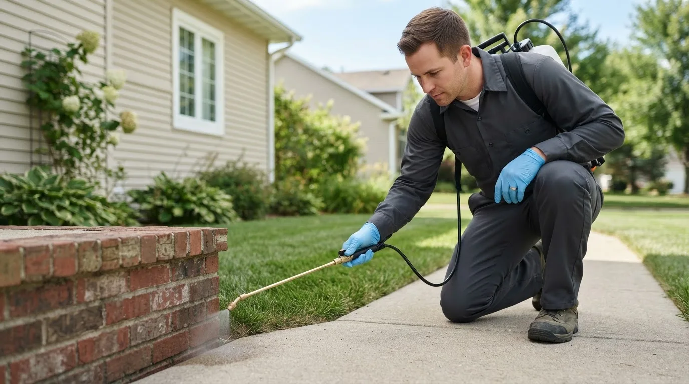 Pest control technician treating a home near Risingsun, OH