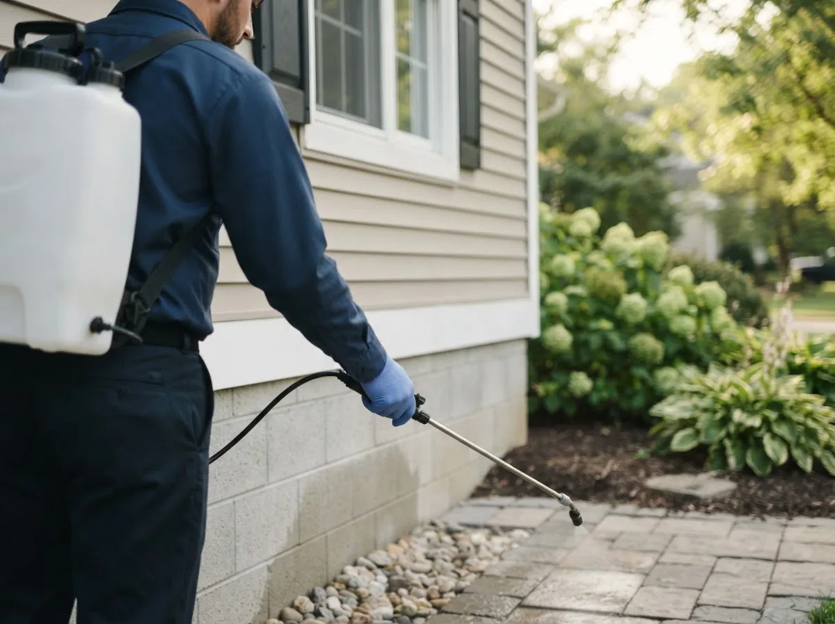 Pest control technician inspecting a home in Risingsun, OH